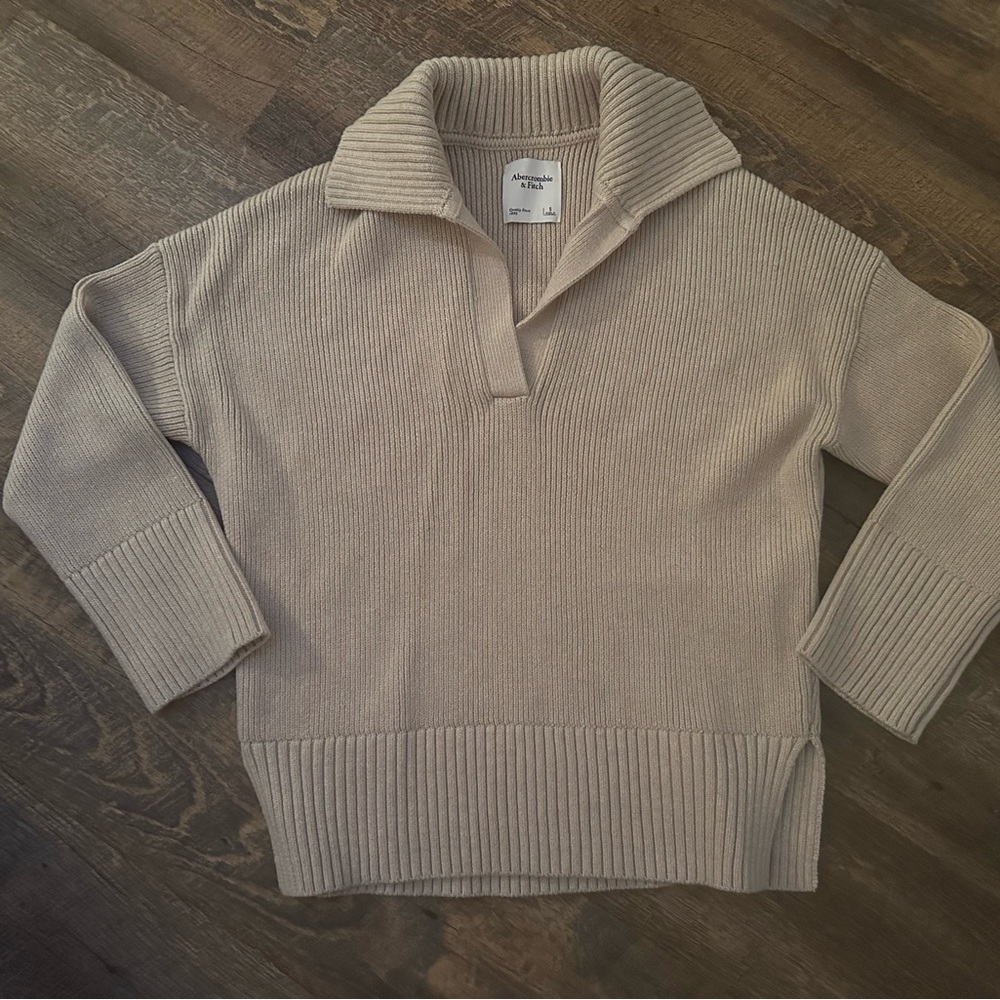 Abercrombie & Fitch Ribbed Collared Pullover Sweater - Beige - Size Small